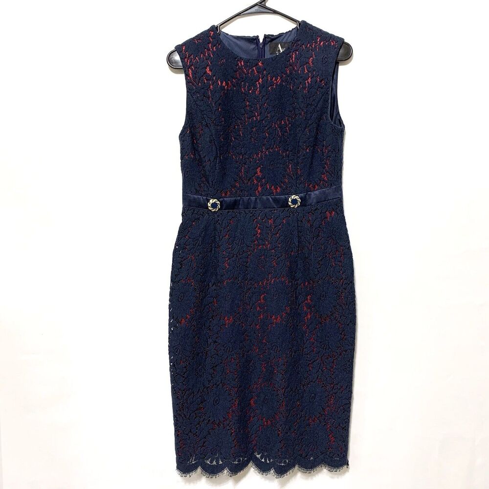 Algo Dress Dress Navy Blue Red Lace Overlay Sleeveless Wool Silk Blend Size P